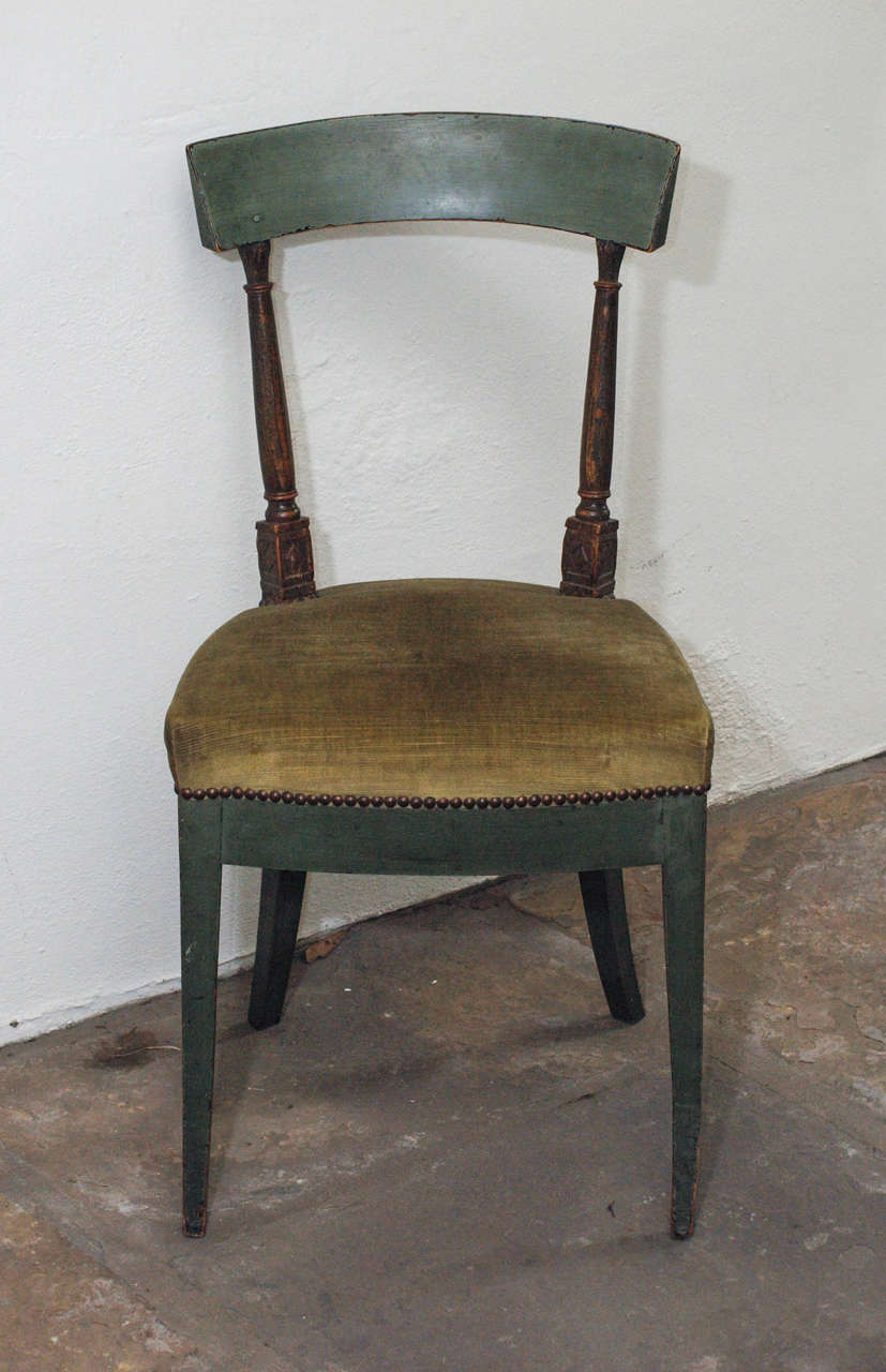 Set of four Empire painted wood dining chairs, upholstered seats, nailheads