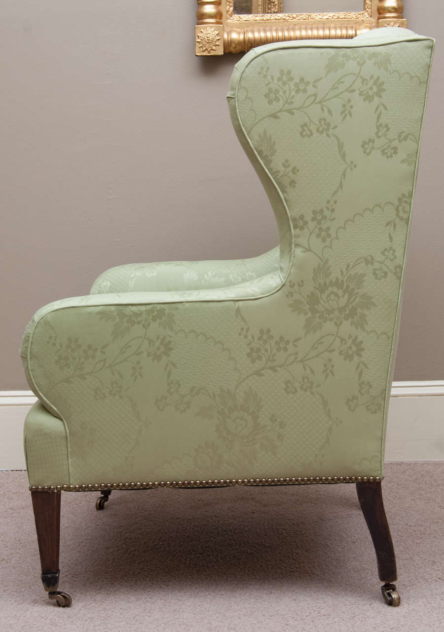 19th Century Regency Mahogany Leg Wing Chair in Damask