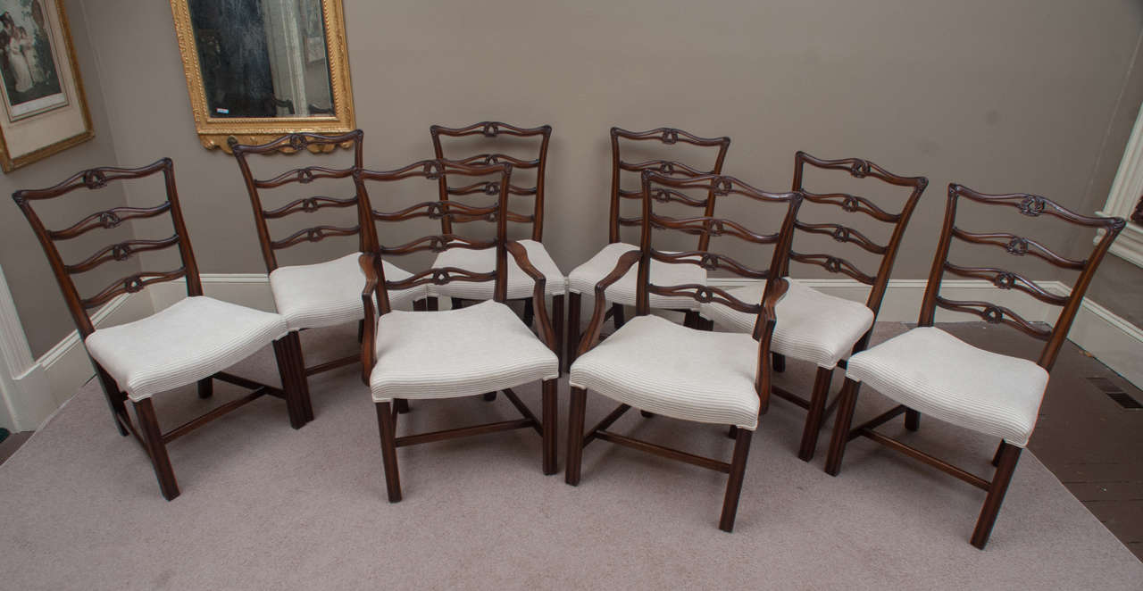 Set consists of 6 side chairs and 2 arm chairs - hand-carved detail and bench made - 