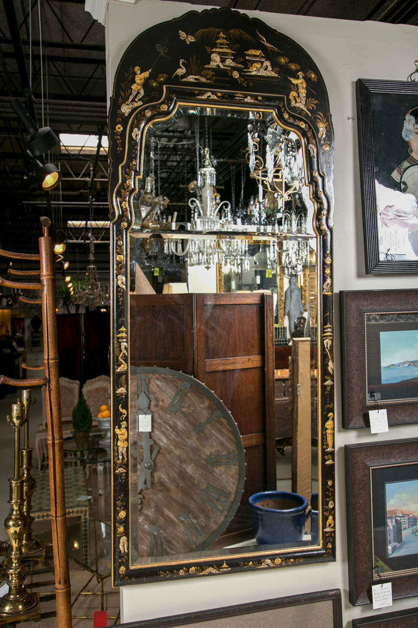 19thc. Black Lacquer & Chinoiserie Mirror