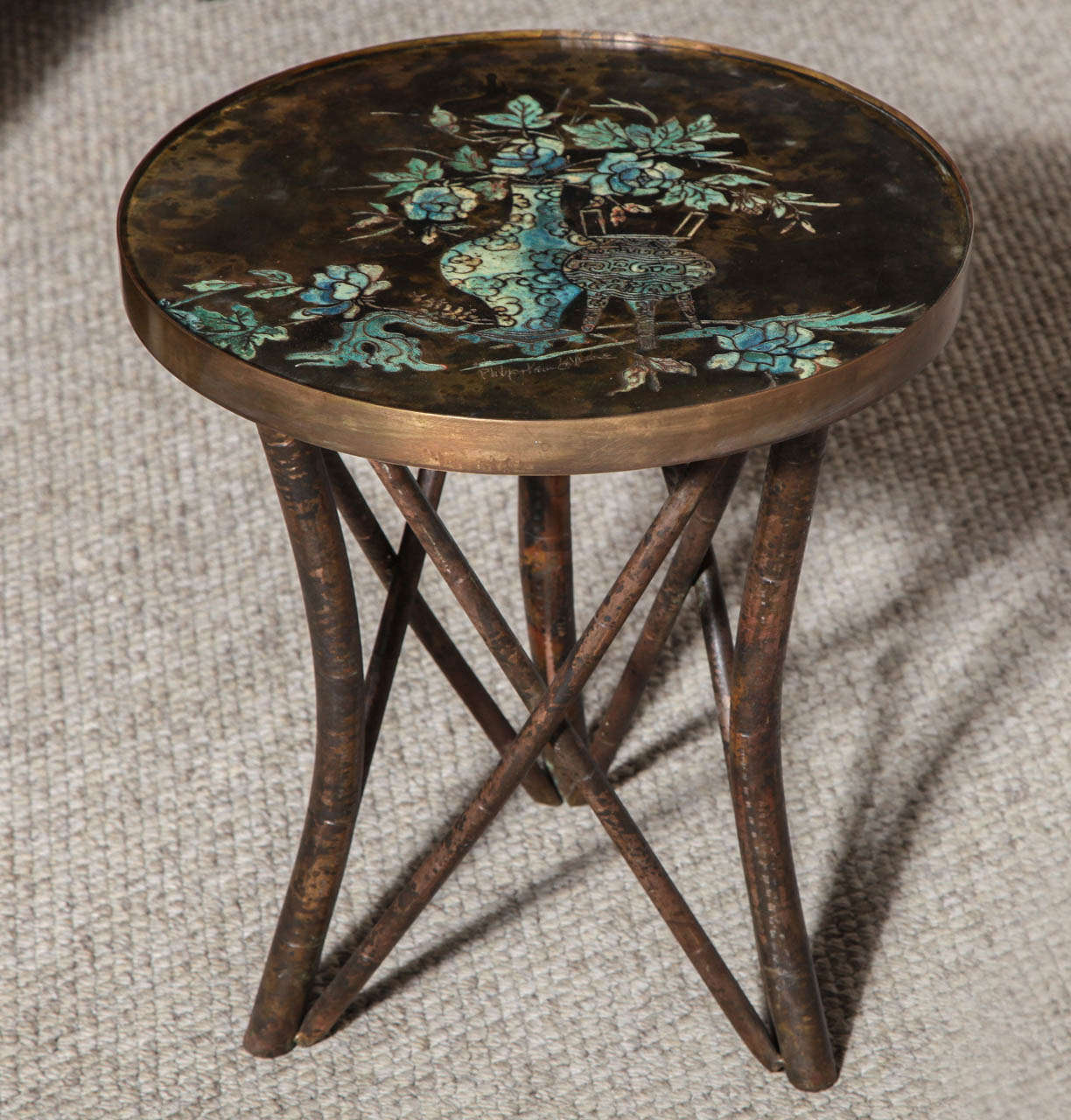 Elegant, studio-made side table of bronze with circular top, and architectural base.  Top is decorated with torched background and etched and enameled still life image.  Signed on surface of top.