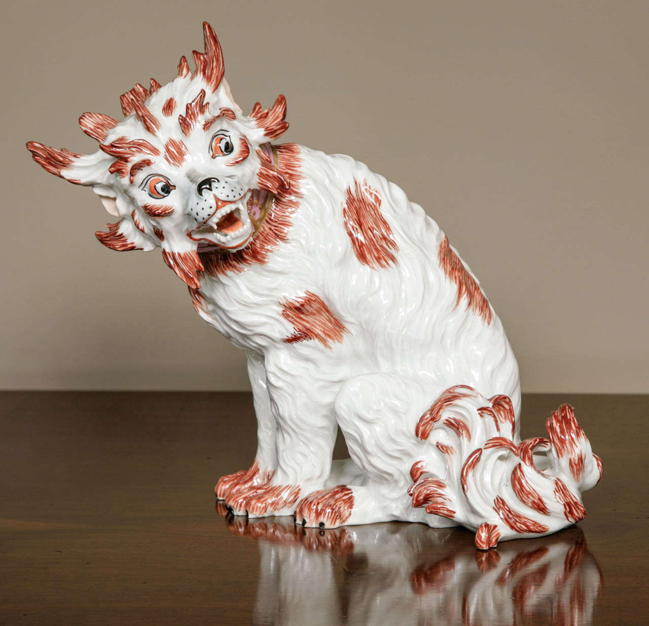 Very Large porcelain Dresden 'Bolognese' dog after the Model by Kandler  1706-1775 ('Bologner Hund' or 'Le Chien Bolonais'). Hard-paste porcelain painted in enamels after the 18th century model by Kaendler. Amusing pose with flaring manes in a