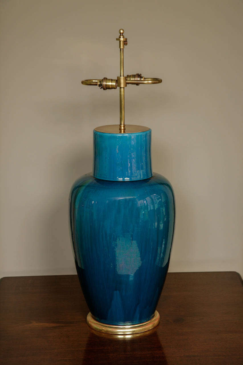 Monumental Pair of 19th Century Turquoise Flambé Glaze Lamped Vases