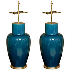 Antique Monumental Pair of 19th Century Turquoise Flambé Glaze Lamped Vases