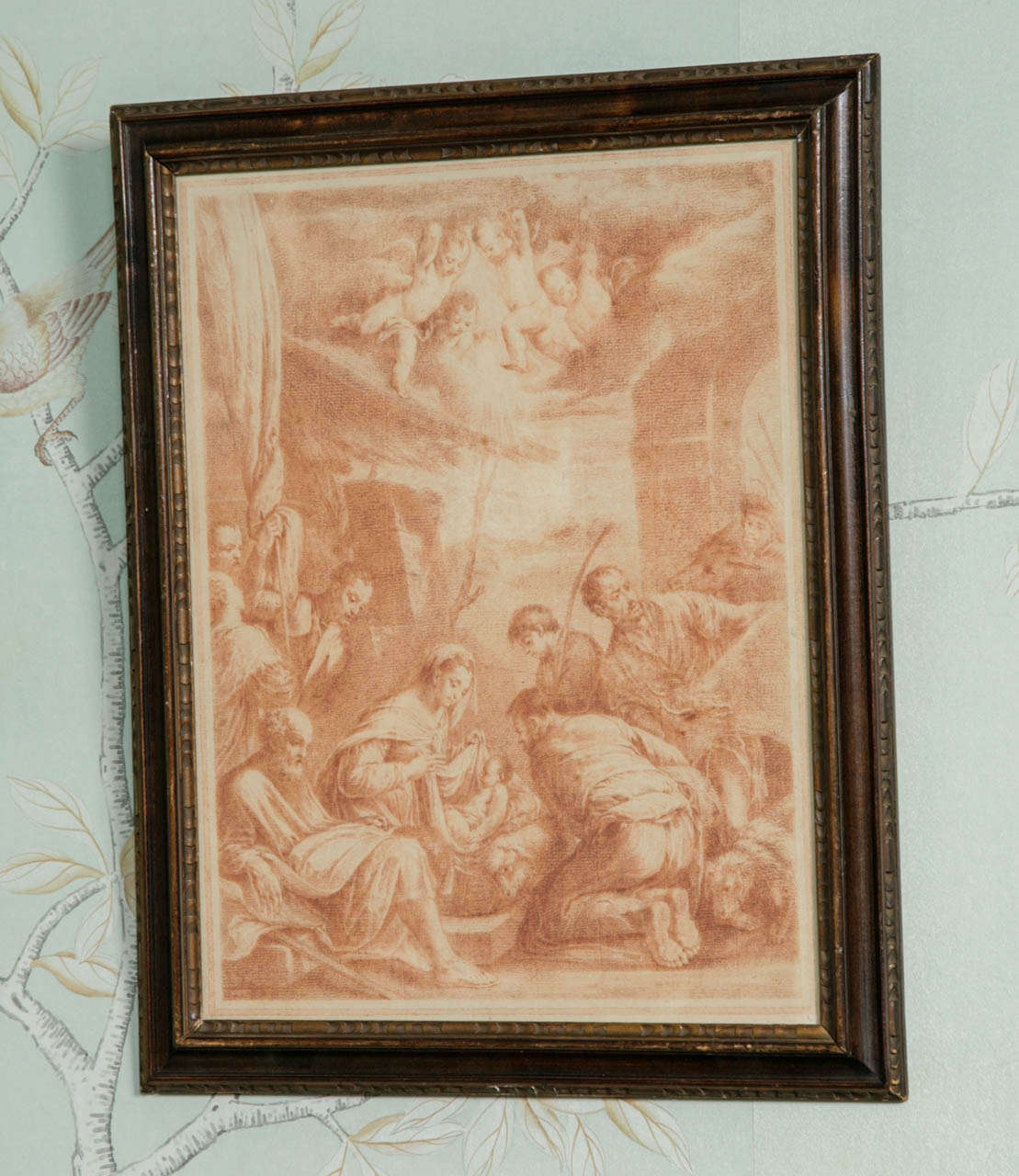 Good sized Italian early 18th century red chalk (sanguine) drawing of the Adoration of the Shepherds. Sensitively drawn by a very competent hand but unsigned or attributed. Dating from the Rococo period ca. 1740. Overall very good condition and in a