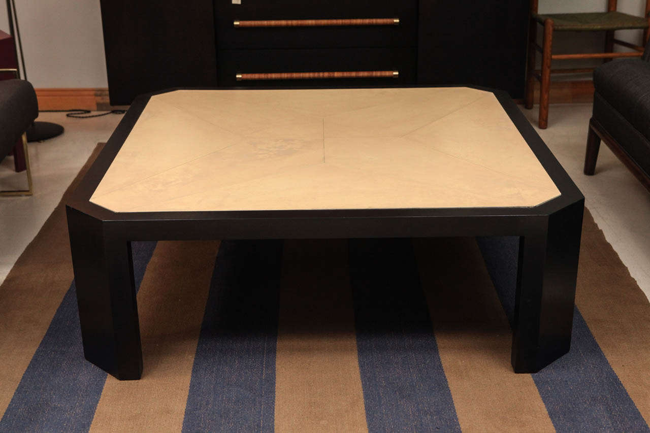 Italian Parchment Coffee Table w/ ebonized base.
Sealed parchment over wood. Durable top surface.