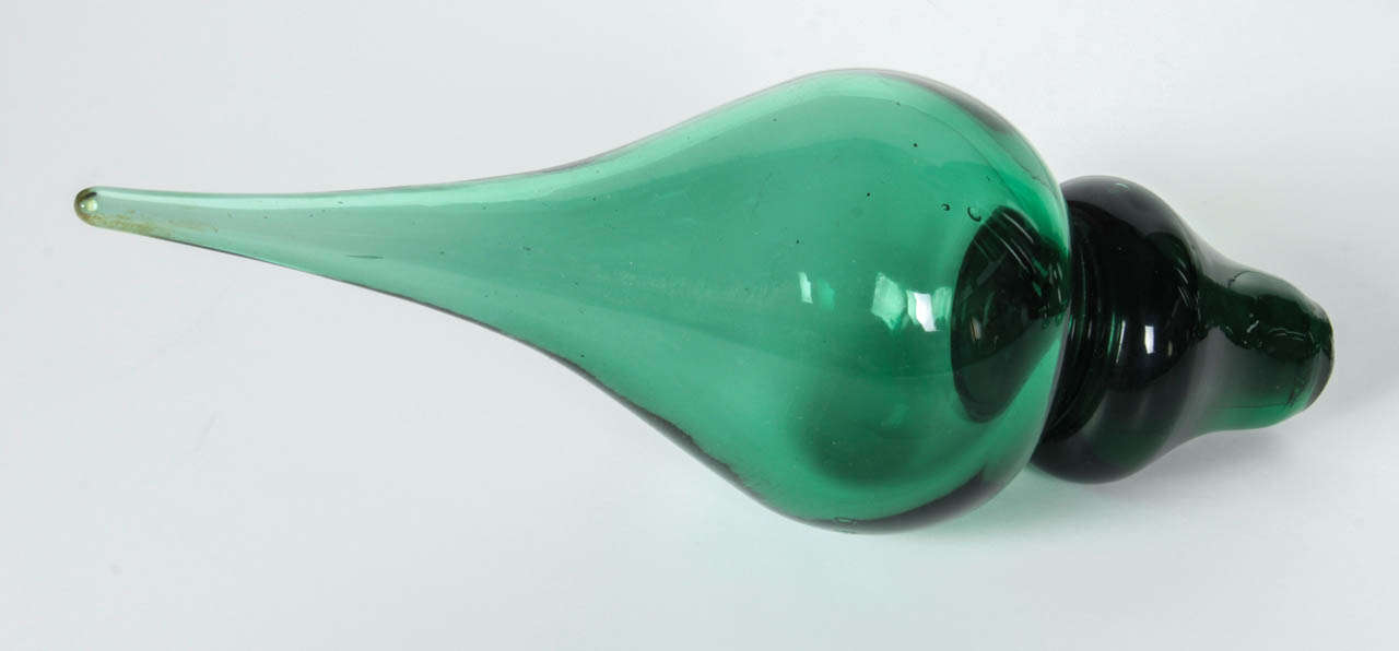 Mid-Century Modern Pair of Tall Emerald Green Empoli Bottle Decanters in the Manner of Gio Ponti