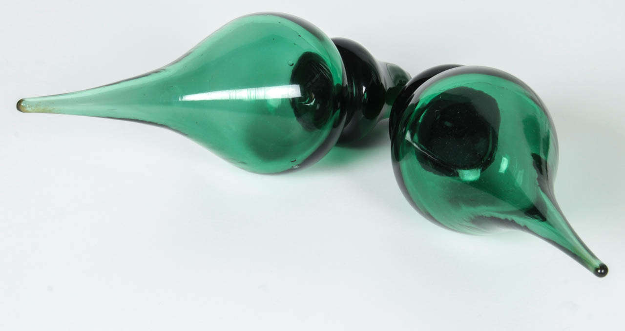 Italian Pair of Tall Emerald Green Empoli Bottle Decanters in the Manner of Gio Ponti