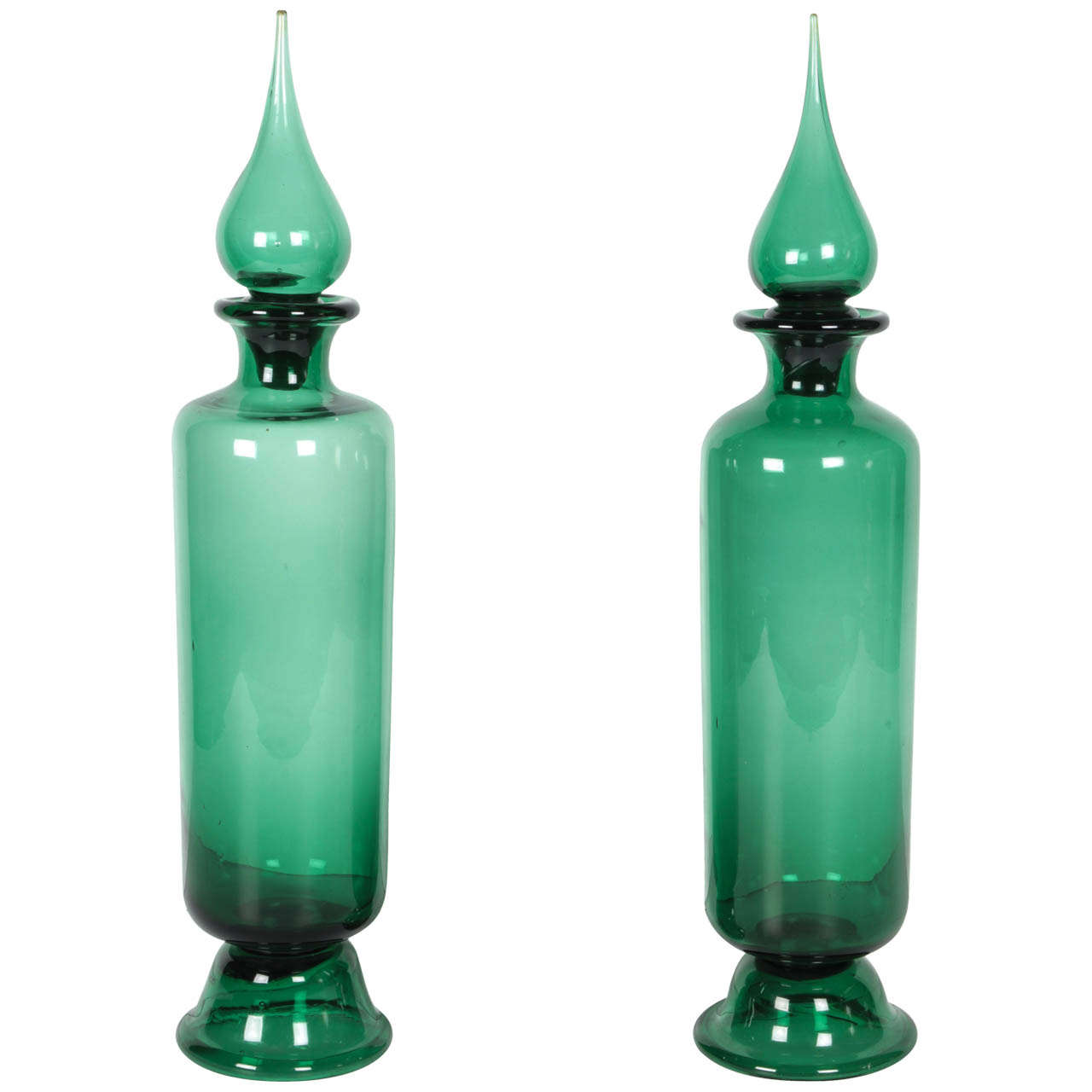 Pair of Tall Emerald Green Empoli Bottle Decanters in the Manner of Gio Ponti