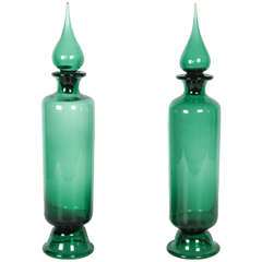 Pair of Tall Emerald Green Empoli Bottle Decanters in the Manner of Gio Ponti