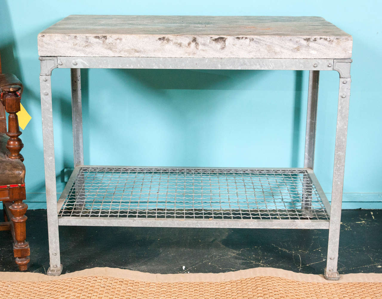 Unique one of a kind galvanized steel and french marble top table.