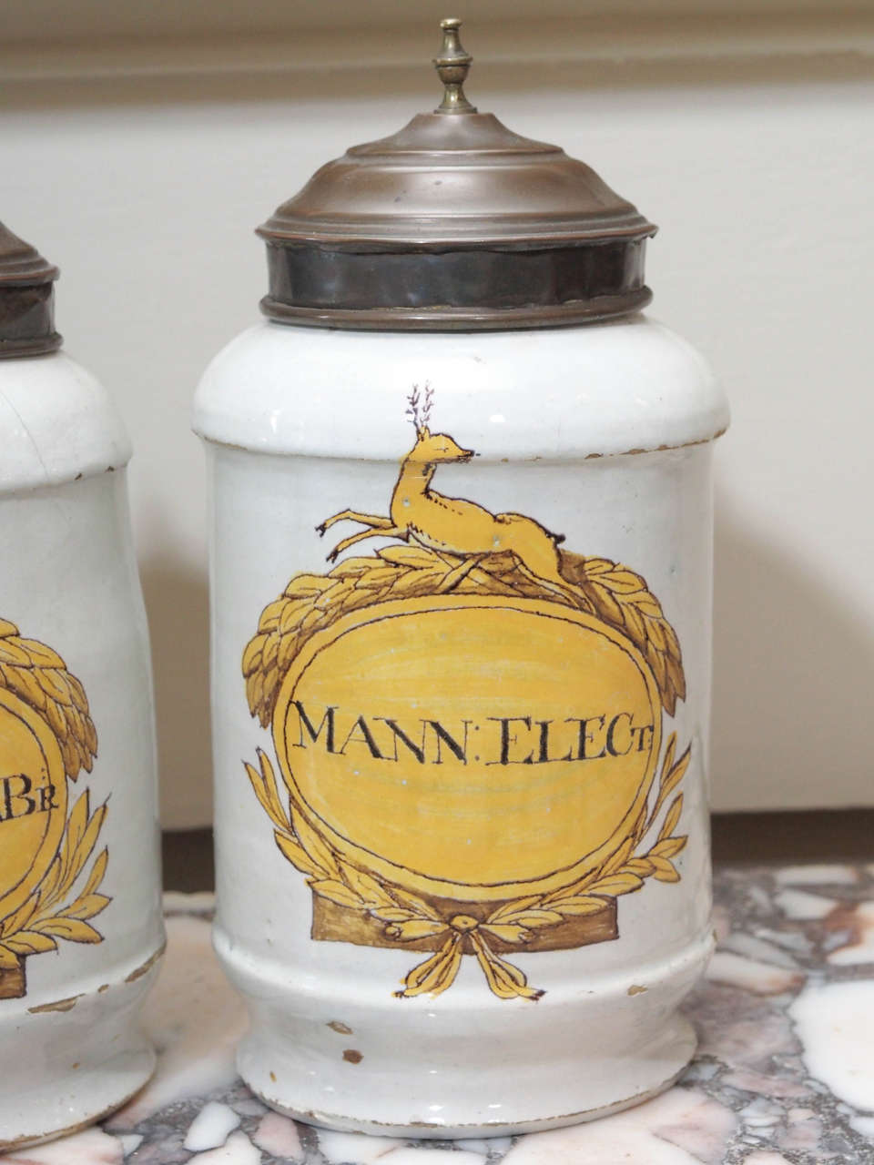 18th Century and Earlier Pair of Apothecary Jars with a Stag Mounted Cartouche For Sale