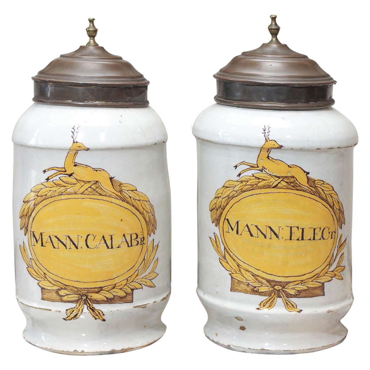 Pair of Apothecary Jars with a Stag Mounted Cartouche For Sale