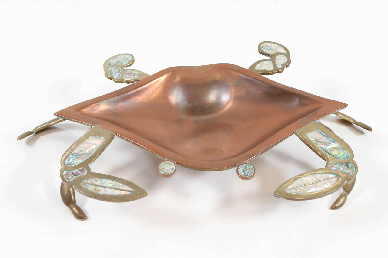 Vintage solid brass crab serving dish circa the late 1950’s with mother of pearl inset into the claws and eyes