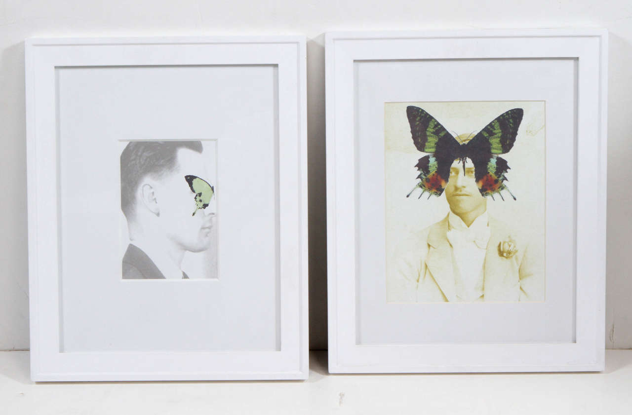 Newly framed mixed media collages depicting two under saturated male figures veiled with a vibrant illustration of a butterfly