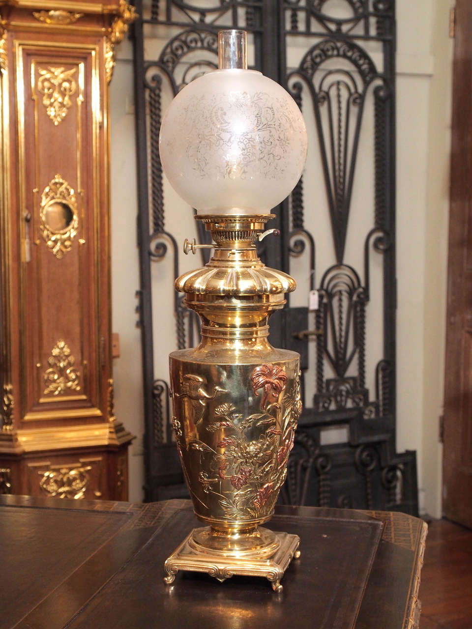 Pair of Antique French Mixed Metal Brass Chinoiserie Oil Lamps