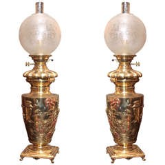 Pair of Antique French Mixed Metal Brass Chinoiserie Oil Lamps