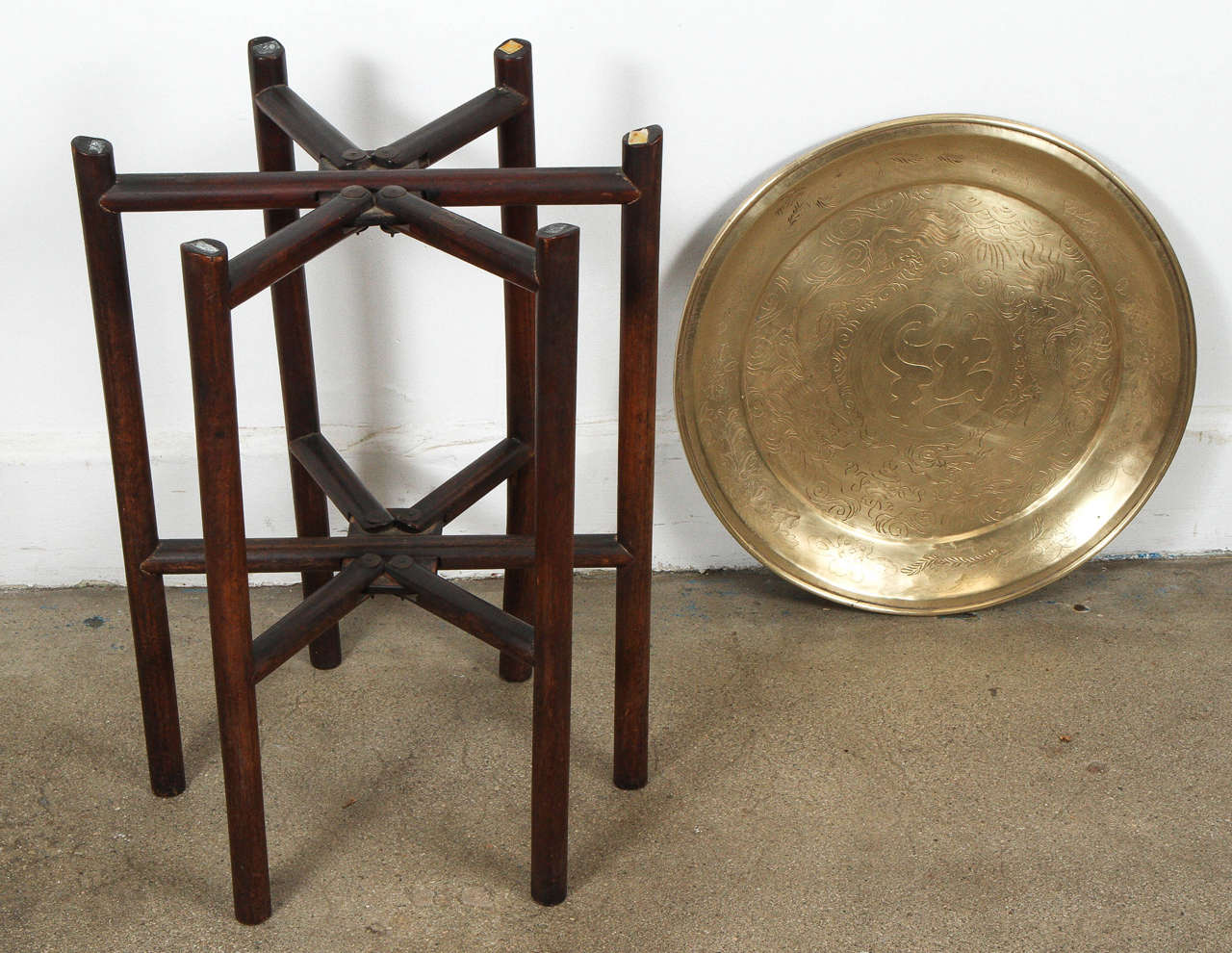 Mid-20th Century Brass Tray Side Table on Folding Stand