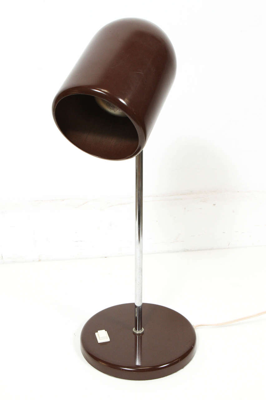 Great looking brown metal table, desk lamp in Joe Colombo style.
Round Base is 8