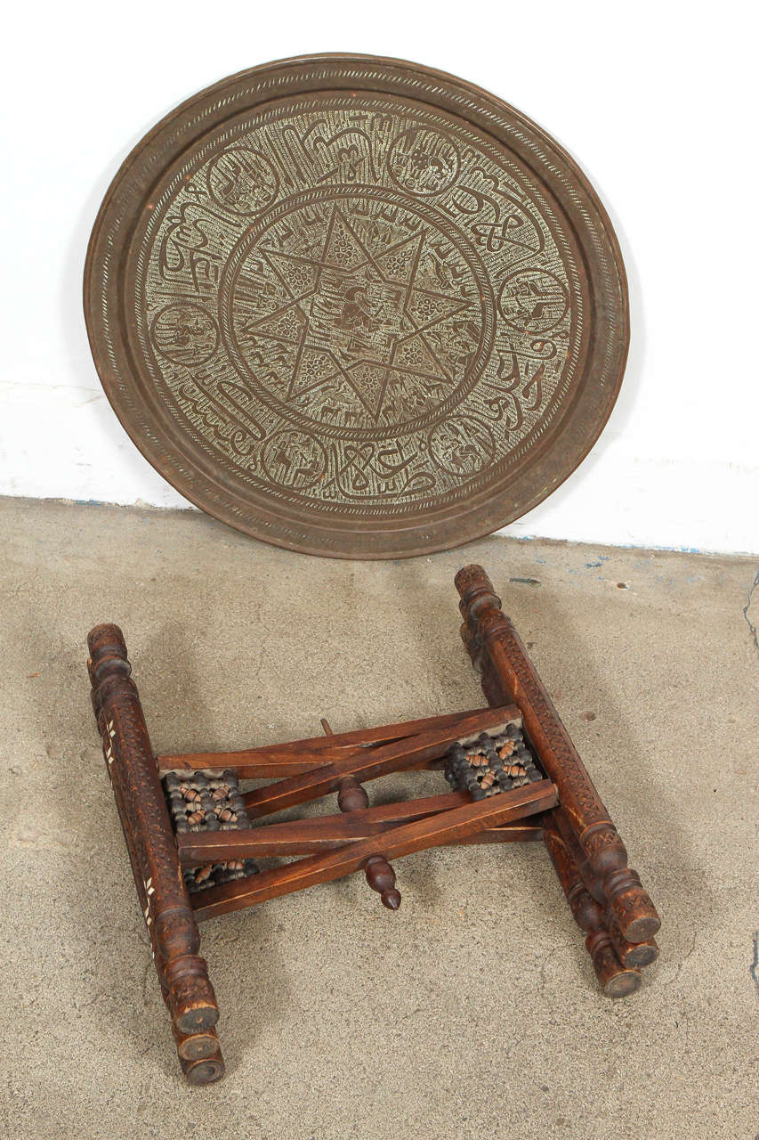 Antique Middle Eastern Brass Tray Table In Good Condition In North Hollywood, CA