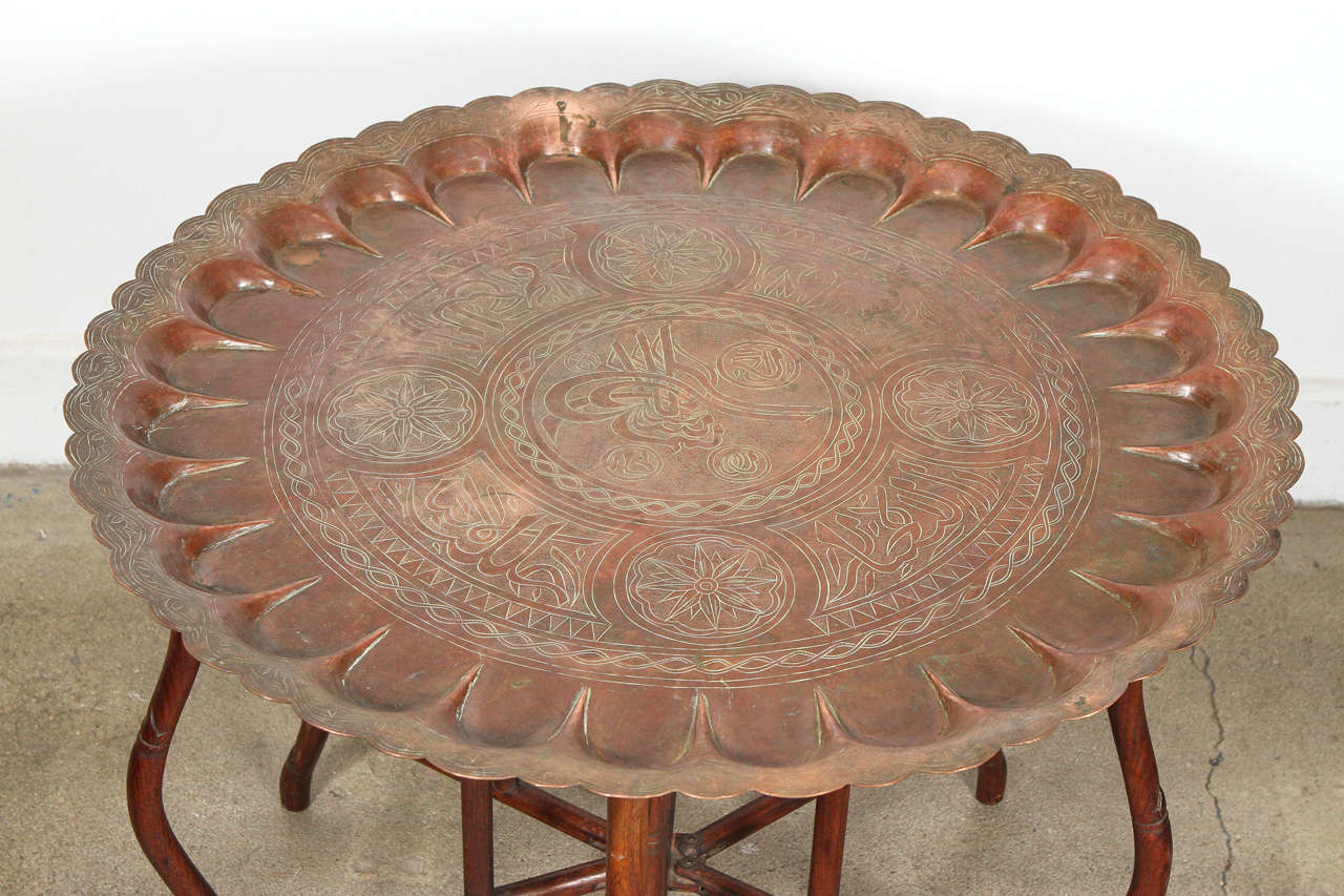 Islamic Large Turkish Copper Tray Table on Bamboo Folding Base