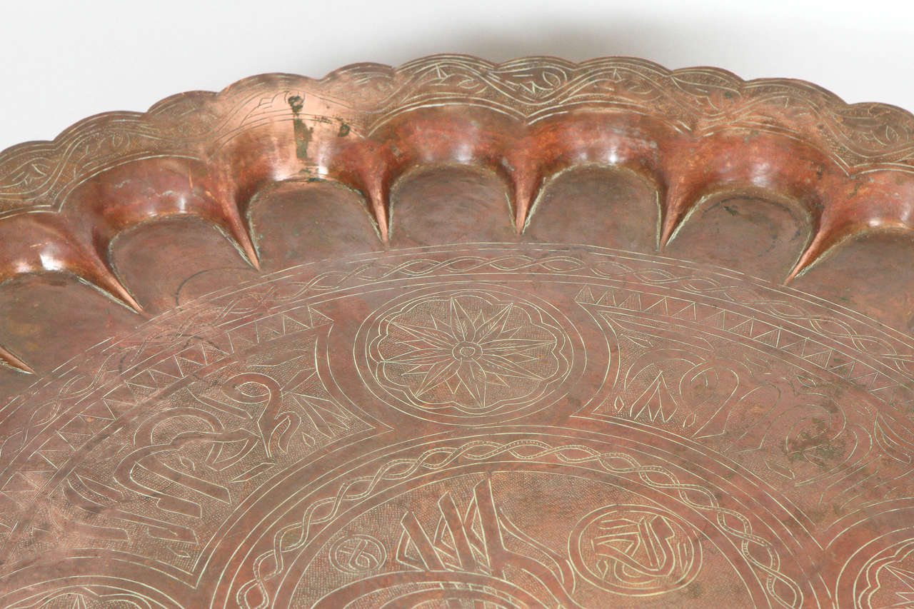 Hammered Large Turkish Copper Tray Table on Bamboo Folding Base