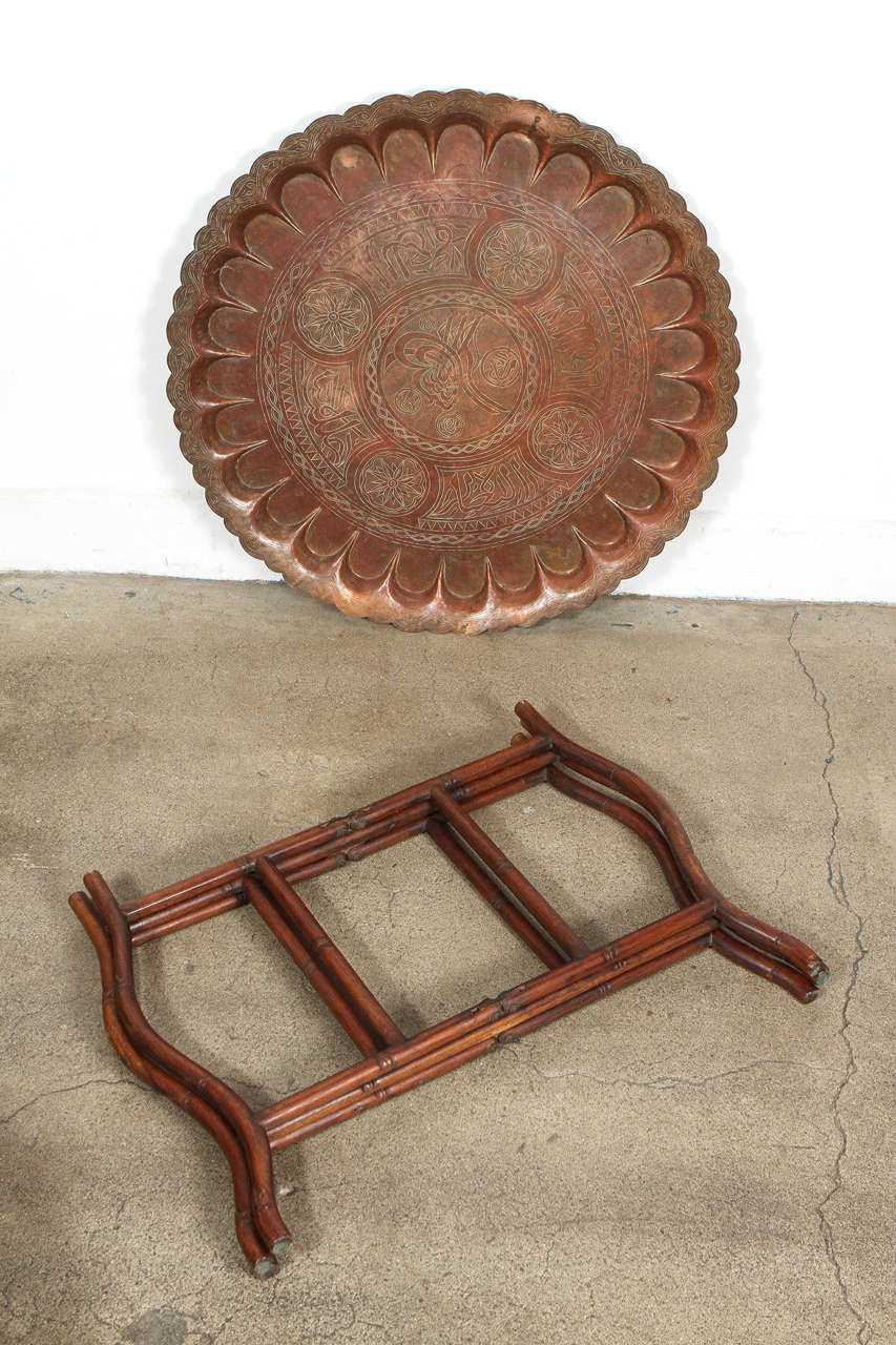 20th Century Large Turkish Copper Tray Table on Bamboo Folding Base