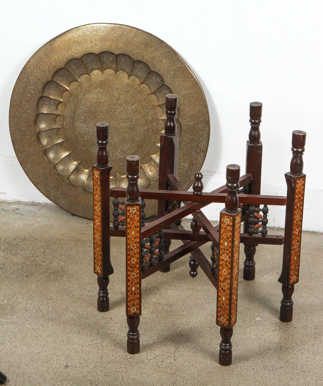 Indian Moorish Brass Tray Table on Inlaid Folding Stand
