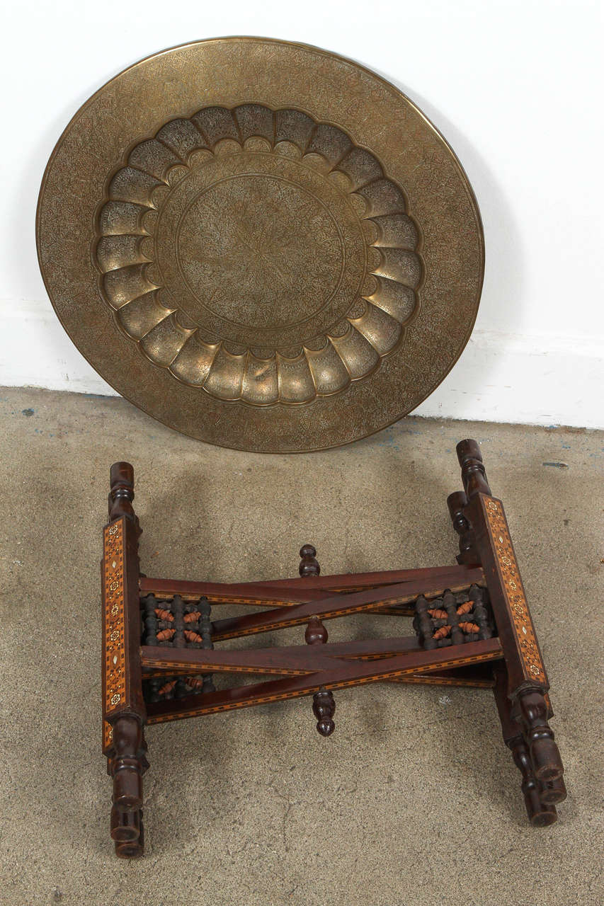 20th Century Moorish Brass Tray Table on Inlaid Folding Stand