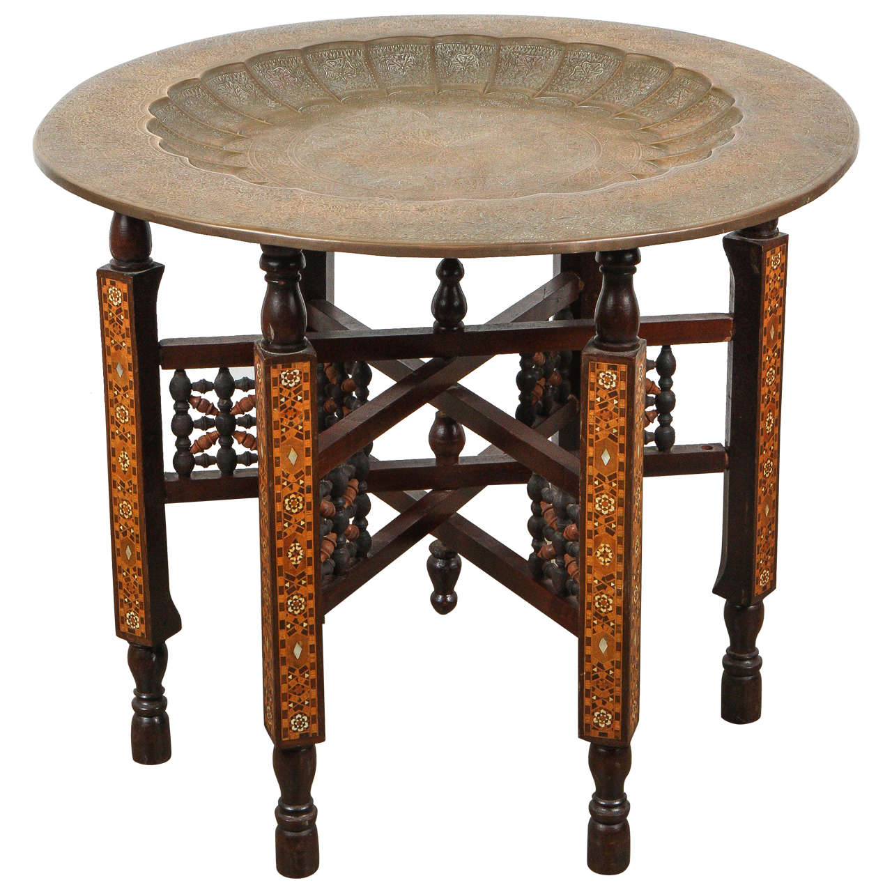 Moorish Brass Tray Table on Inlaid Folding Stand