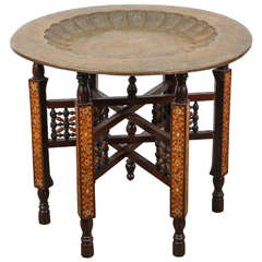 Antique Moorish Brass Tray Table on Inlaid Folding Stand