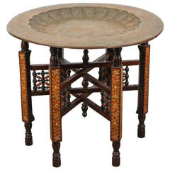 Moorish Brass Tray Table on Inlaid Folding Stand