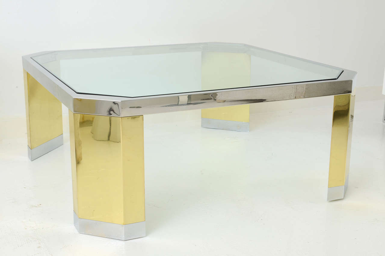 Hollywood Regency Ron Seff Polished Brass and Steel Coffee Table