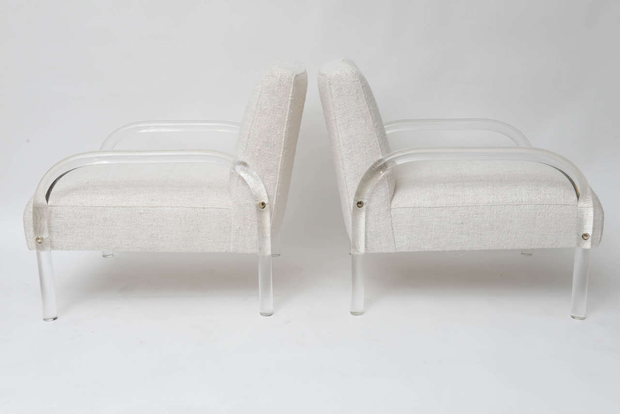 Pair of Low-Slung Lucite and Raw Silk Lounge Chairs 1