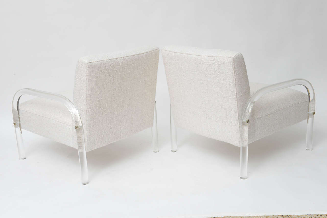 Pair of Low-Slung Lucite and Raw Silk Lounge Chairs 2