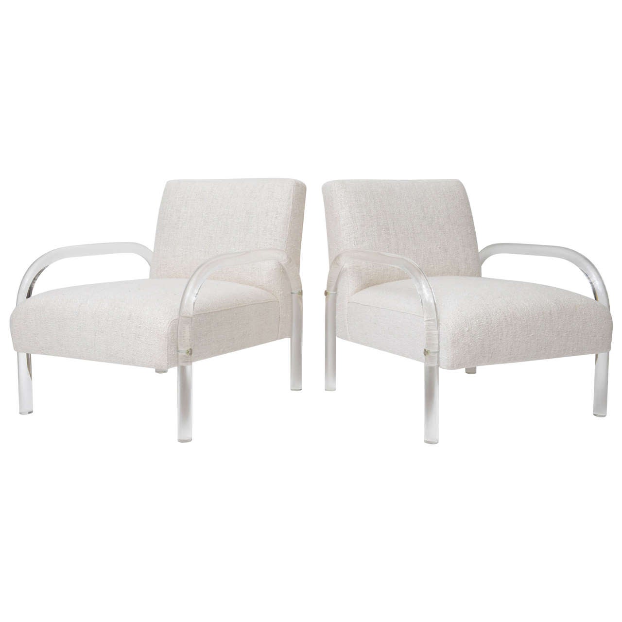 Pair of Low-Slung Lucite and Raw Silk Lounge Chairs