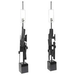 Pair of Brutalist Torch Cut Iron Lamps by Harry Balmer