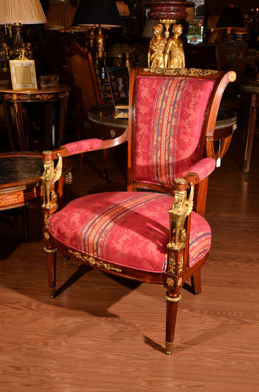 pr of mid 19th c Empire mahogany and bronze dore open arm chairs. Beautiful bronze dore winged sphinxs.