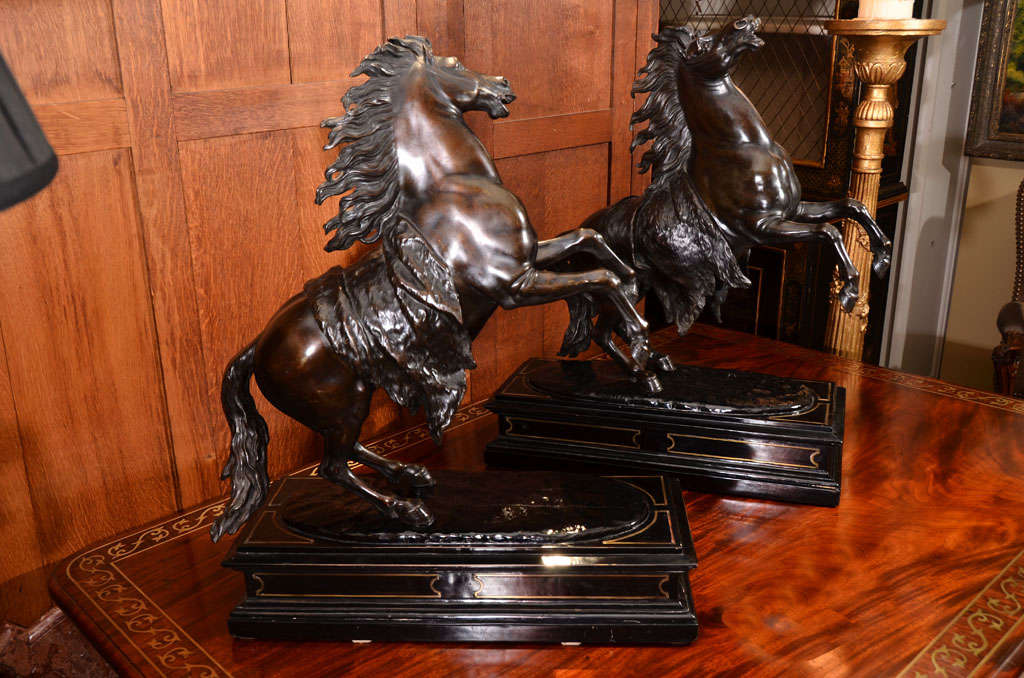 19th c Bronze horses on boulle bases with brass inlay