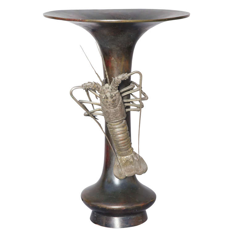 Japanese 19c. Bronze Vase with Lobster