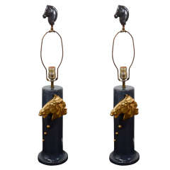 Retro Two Ceramic Lamps with Horse Head Motif