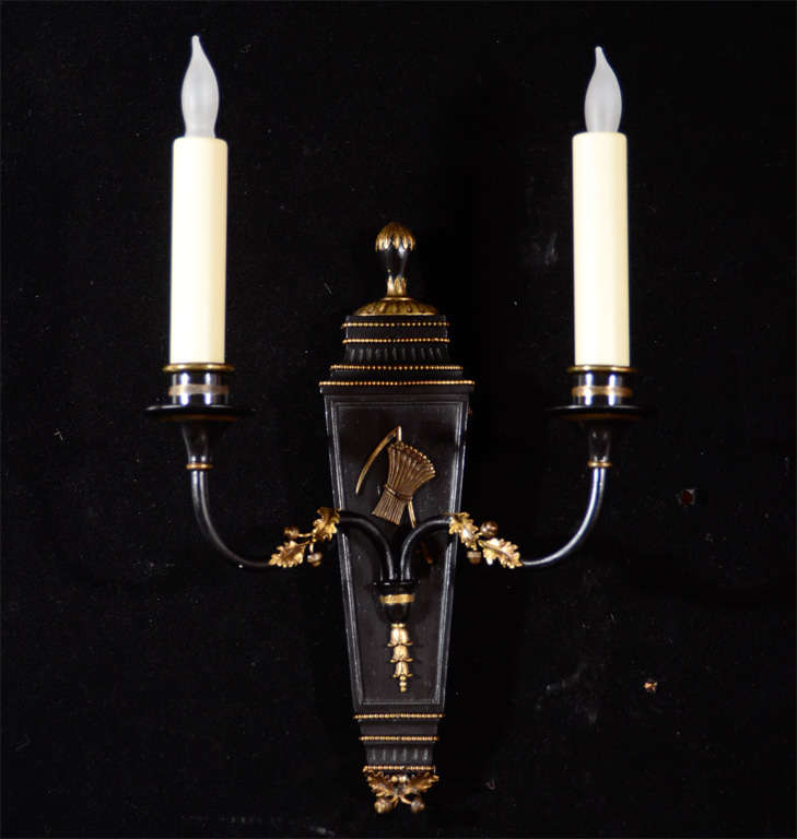 Pair French inspired polychromed wood, bronze and brass two light sconces with 