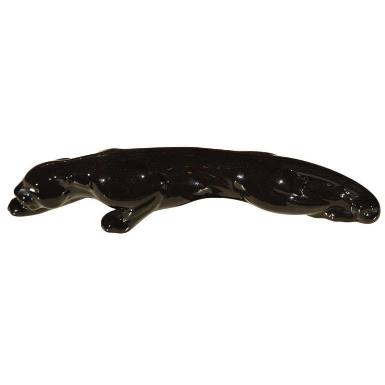 Art Deco Black Glazed  Ceramic Jaguar For Sale
