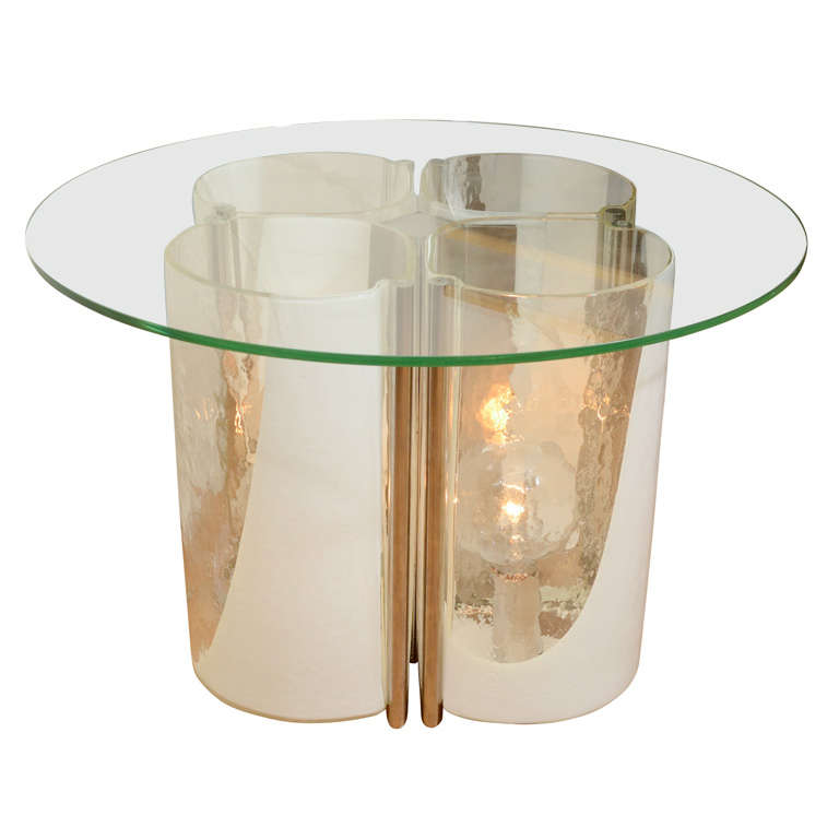 Interior lit clear and lattimo glass occasional table by Vistosi