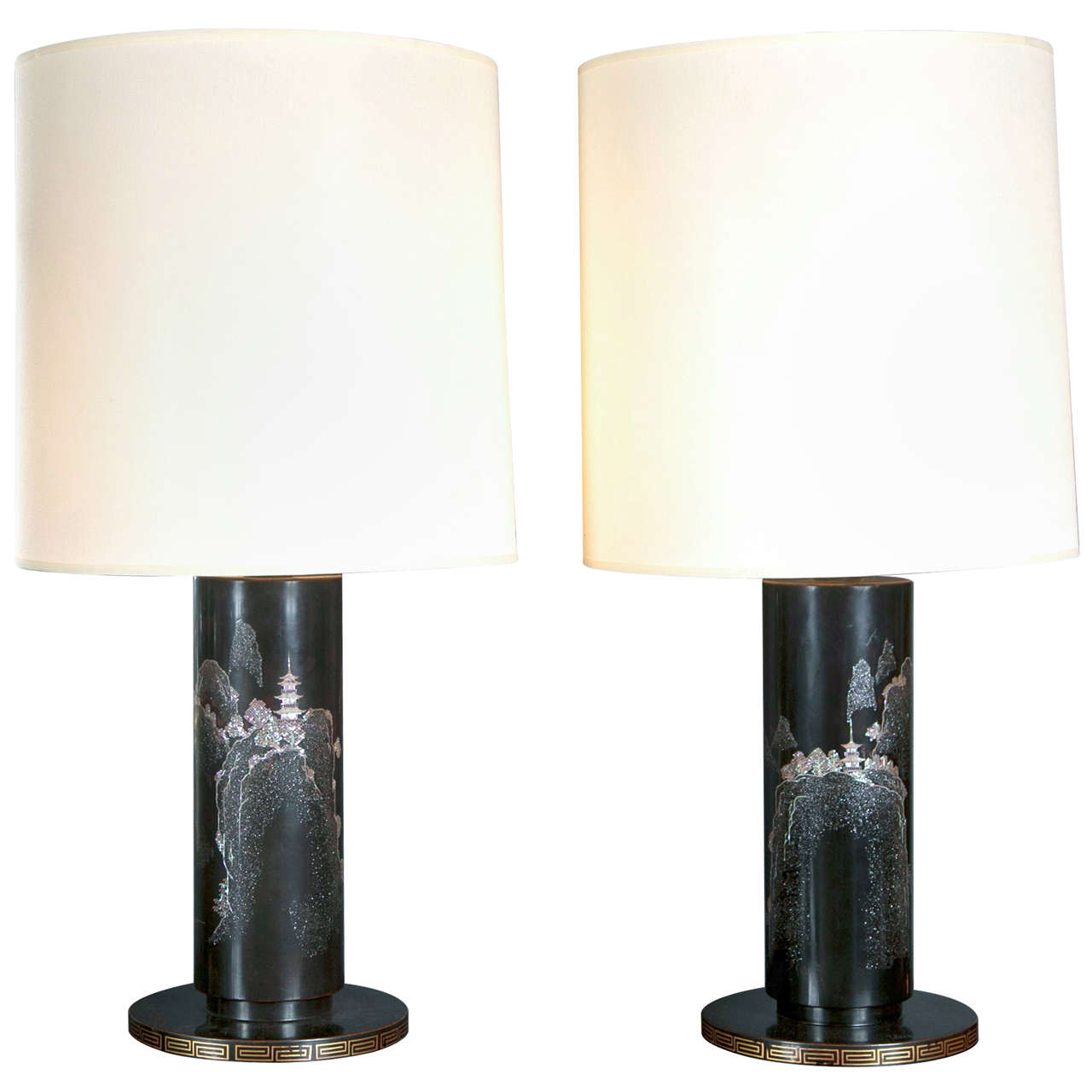Mother of Pearl Inlay Scenic Japanese Lamps