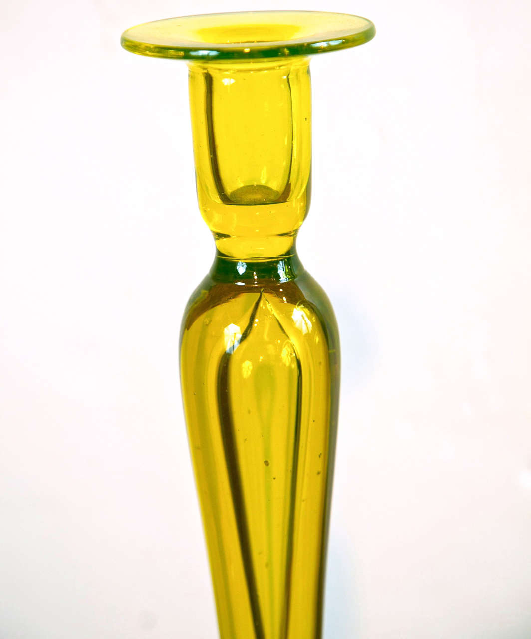 19th Century Pair of Rare Yellow Vaseline Handblown Glass Candlesticks