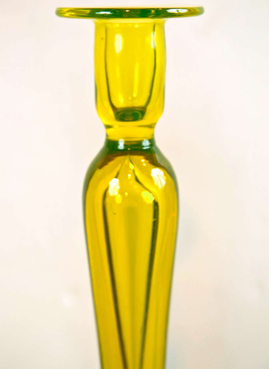 Pair of Rare Yellow Vaseline Handblown Glass Candlesticks In Excellent Condition In Stamford, CT