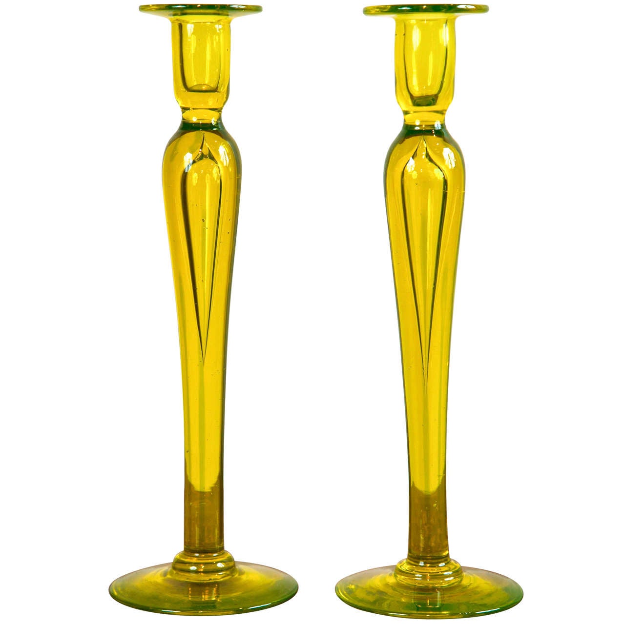 Pair of Rare Yellow Vaseline Handblown Glass Candlesticks