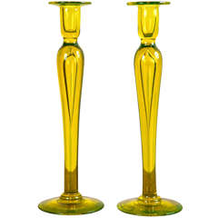 Pair of Rare Yellow Vaseline Handblown Glass Candlesticks