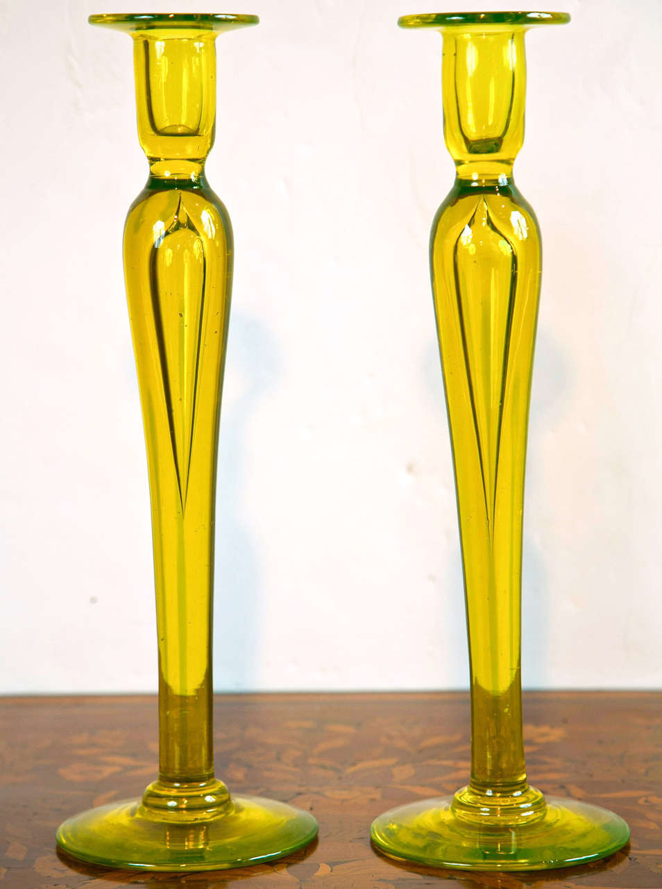 Pair of Rare Yellow Vaseline Handblown Glass Candlesticks at 1stDibs